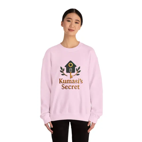 Model wearing the Kumasi's Secret birdhouse logo sweatshirt, view 2