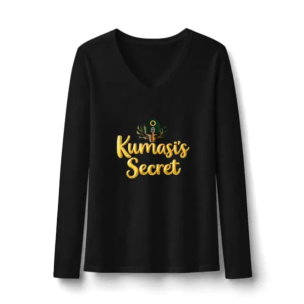 Gold Script Long Sleeve V-Neck Tee in Black, view 3