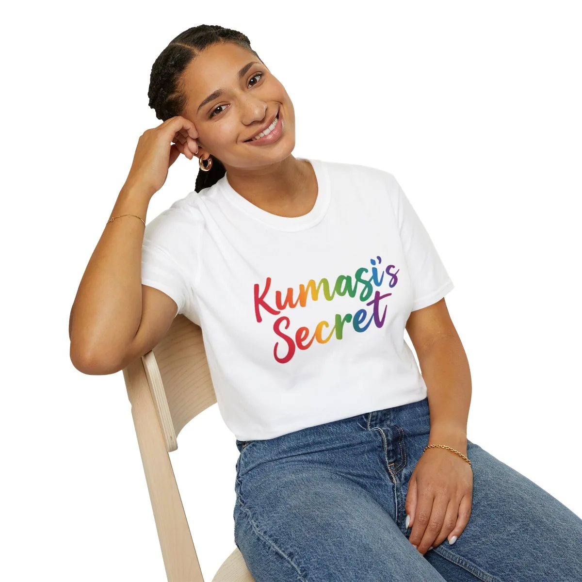 Model wearing the Kumasi's Secret rainbow script tee