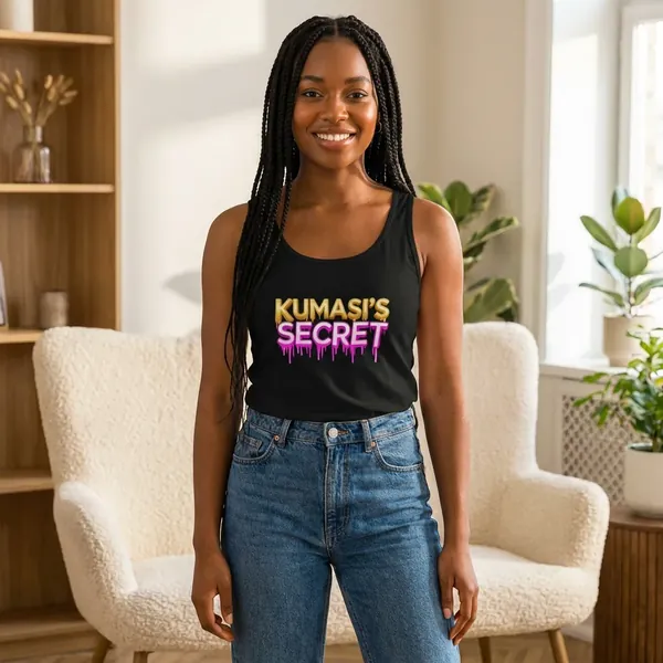 Model wearing the Kumasi's Secret dripping neon logo tank top, view 1