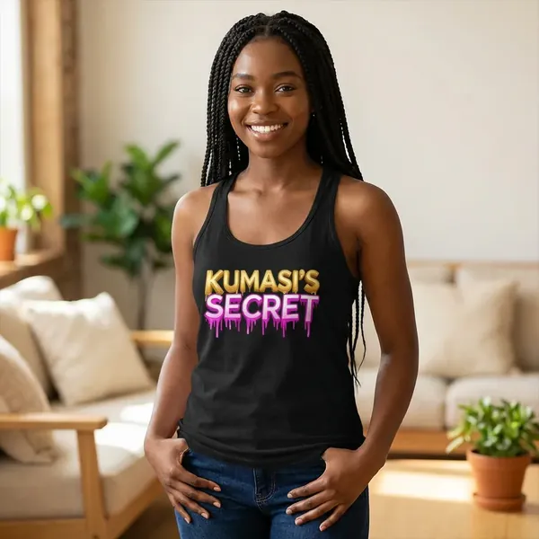 Model wearing the Kumasi's Secret dripping neon logo tank top, view 2
