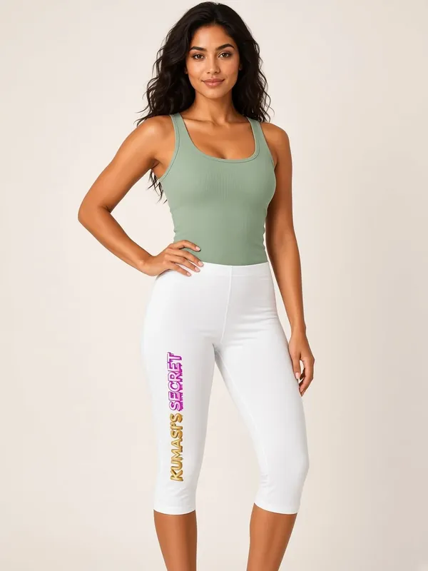 Model wearing the Kumasi's Secret white capri leggings with vertical lettering, view 1