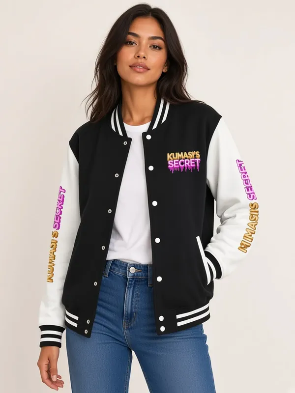 Model wearing the Kumasi's Secret black and white varsity bomber jacket, view 1