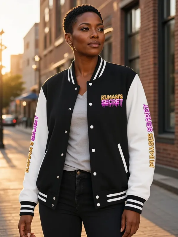 Model wearing the Kumasi's Secret black and white varsity bomber jacket, view 2