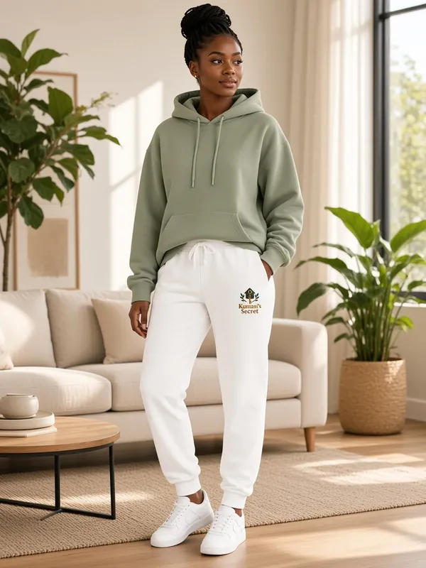 Model wearing the Kumasi's Secret white embroidered sweatpants, view 2