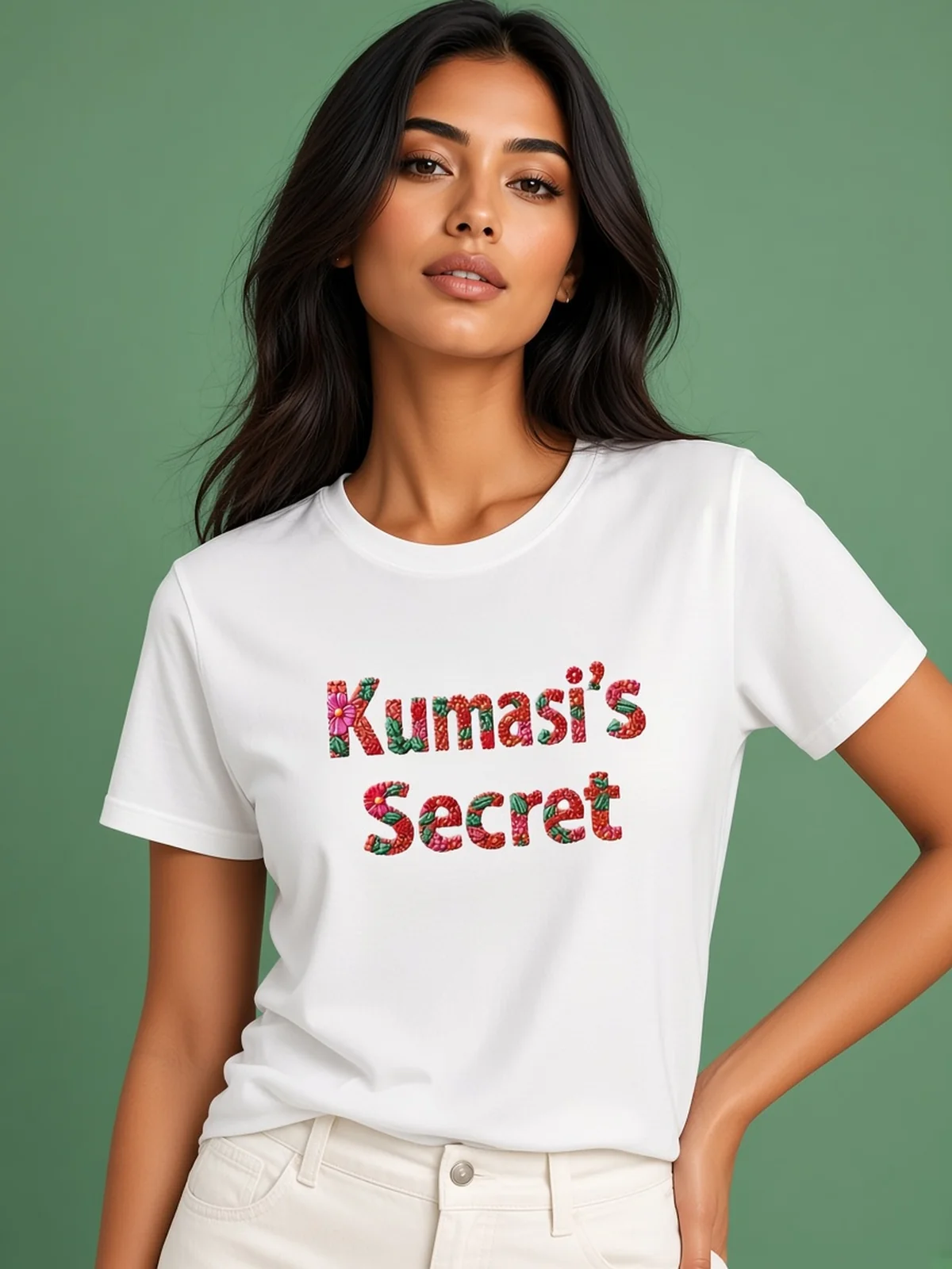 Model wearing the Kumasi's Secret white floral-lettering tee