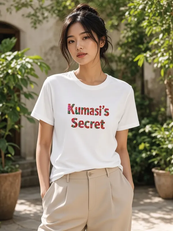 Model wearing the Kumasi's Secret white floral-lettering tee, view 2