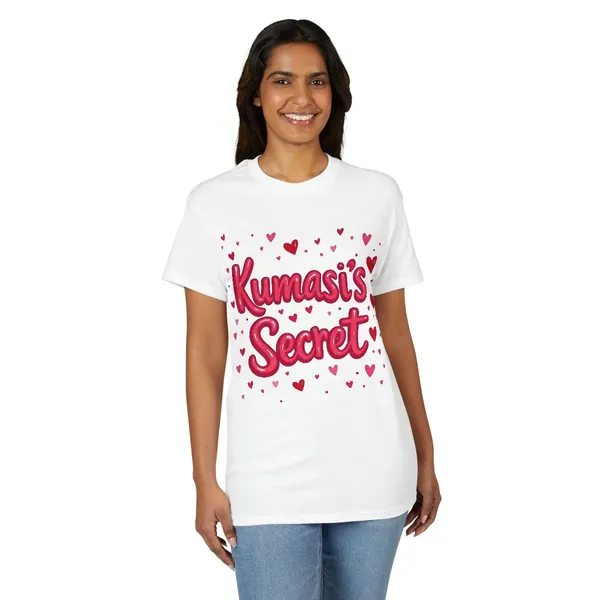 Model wearing the Kumasi's Secret white heart-print tee, view 1