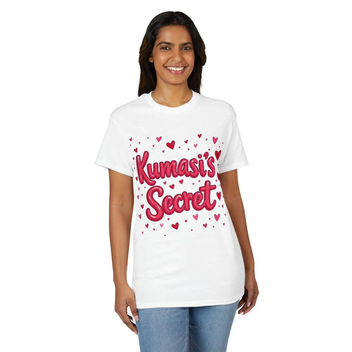 Model wearing the Kumasi's Secret white heart-print tee