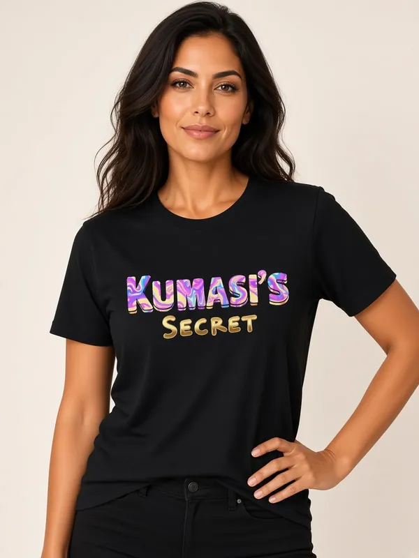 Model wearing the Kumasi's Secret black tee with purple and gold lettering, view 1