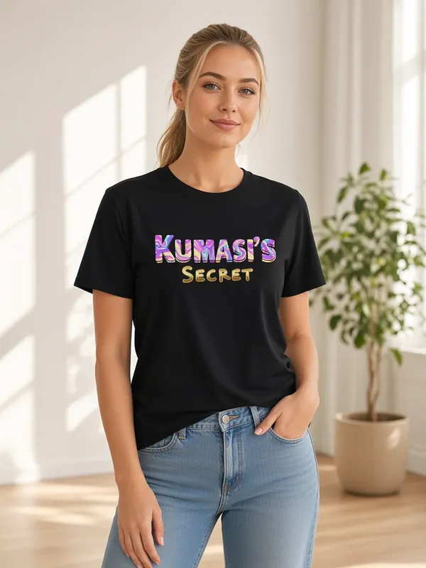 Model wearing the Kumasi's Secret black tee with purple and gold lettering, view 2