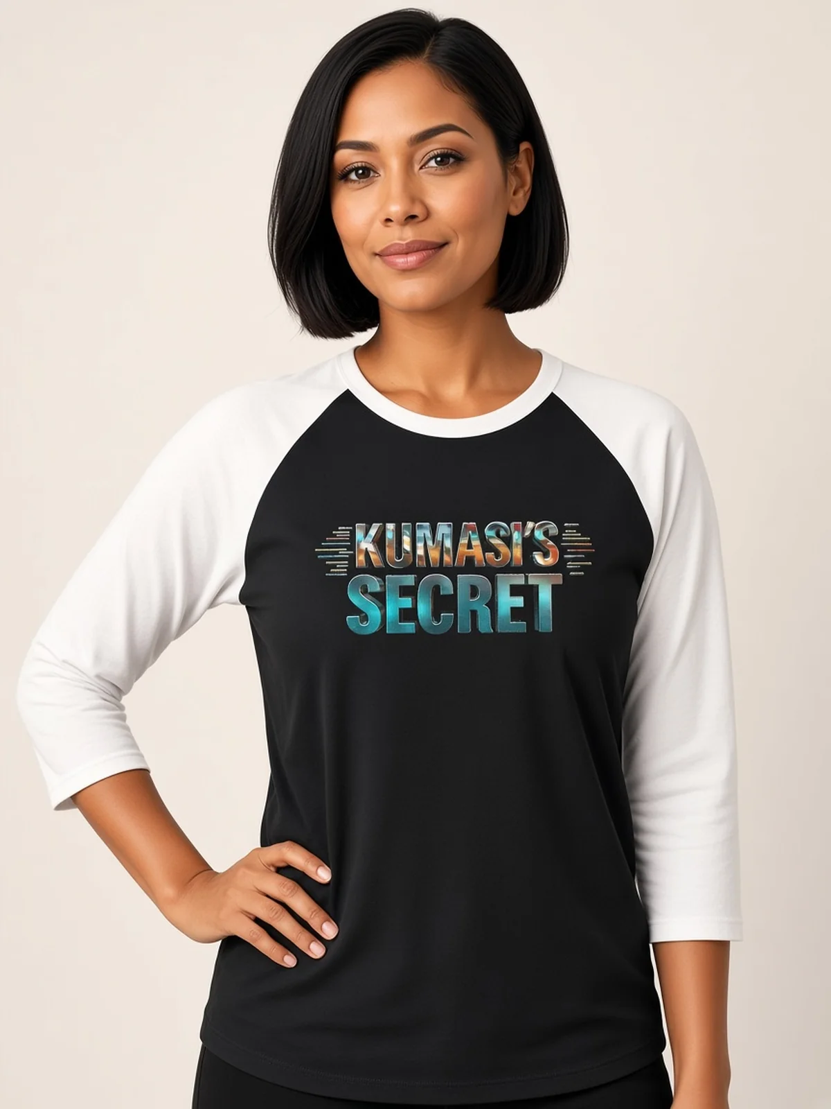 Model wearing the Kumasi's Secret black and white raglan baseball tee