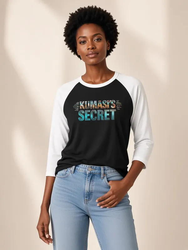 Model wearing the Kumasi's Secret black and white raglan baseball tee, view 2