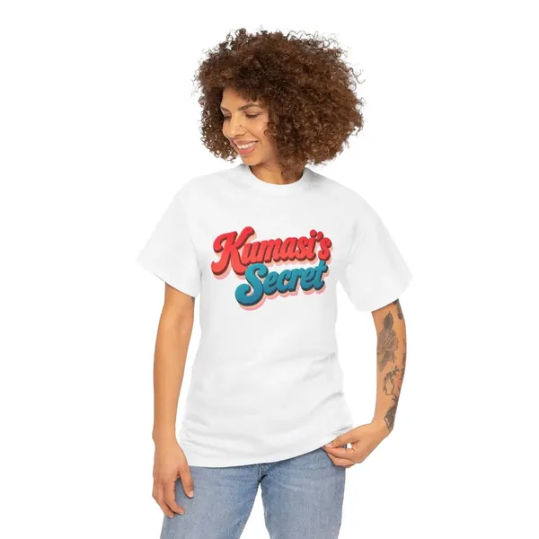 Model wearing the Kumasi's Secret tee, view 1