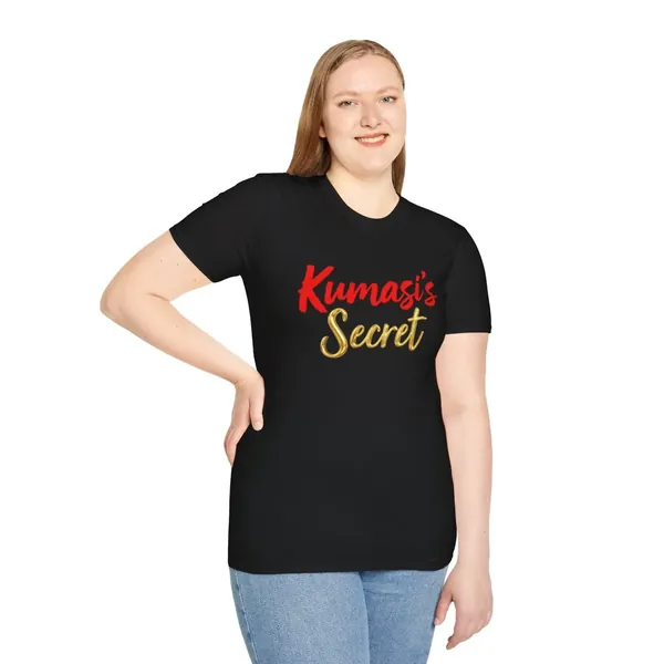Model wearing the Kumasi's Secret black tee with red and gold script, view 1