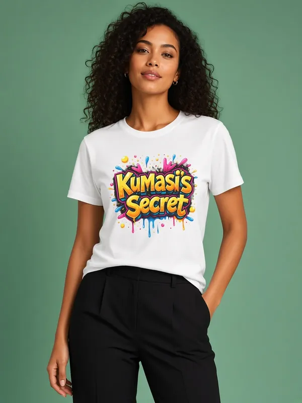 Model wearing the Kumasi's Secret white graffiti drip tee, view 1