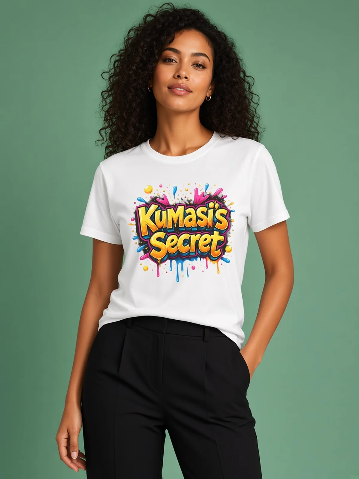 Model wearing the Kumasi's Secret white graffiti drip tee