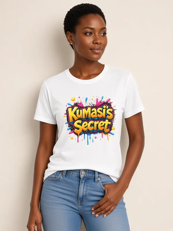 Model wearing the Kumasi's Secret white graffiti drip tee, view 2