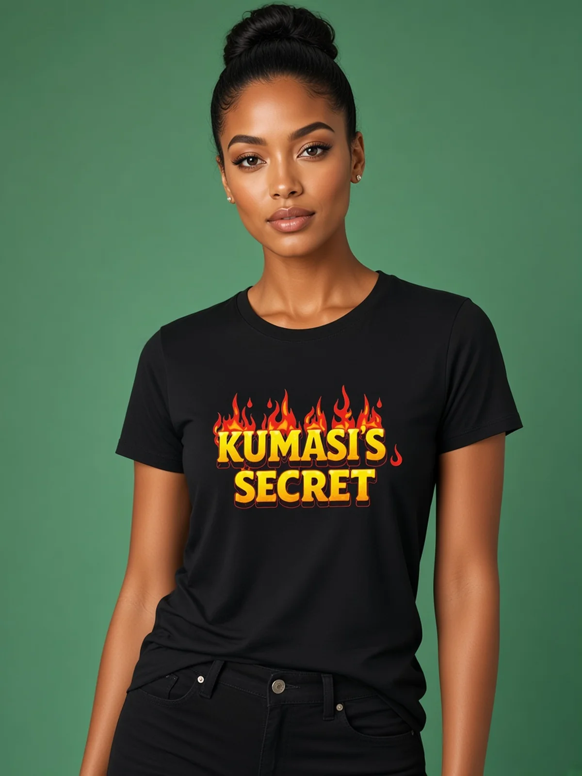 Model wearing the Kumasi's Secret black tee with flame lettering