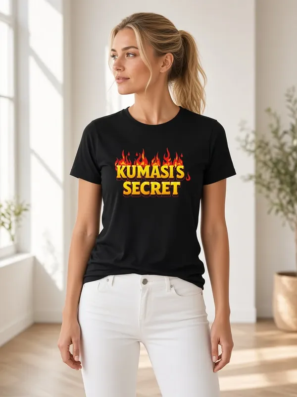 Model wearing the Kumasi's Secret black tee with flame lettering, view 2