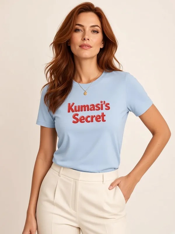 Model wearing the Kumasi's Secret light-blue tee with red lettering, view 1