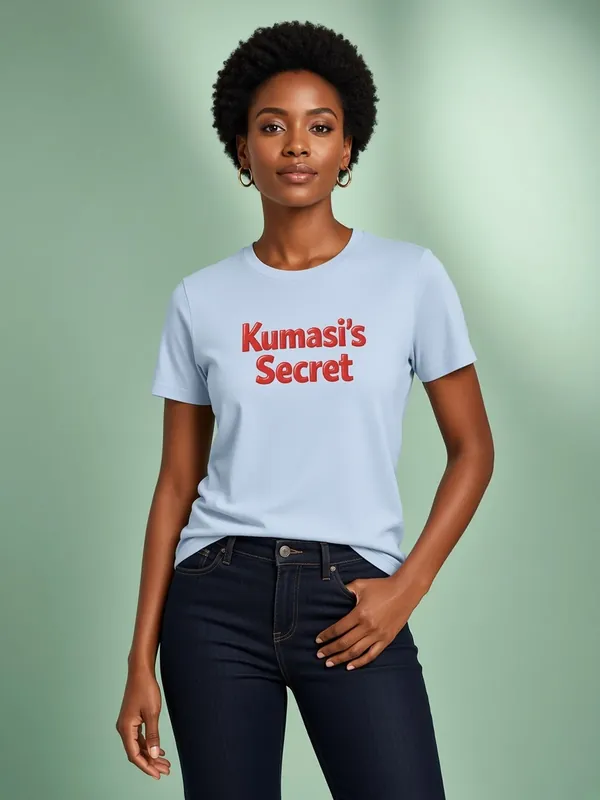 Model wearing the Kumasi's Secret light-blue tee with red lettering, view 2