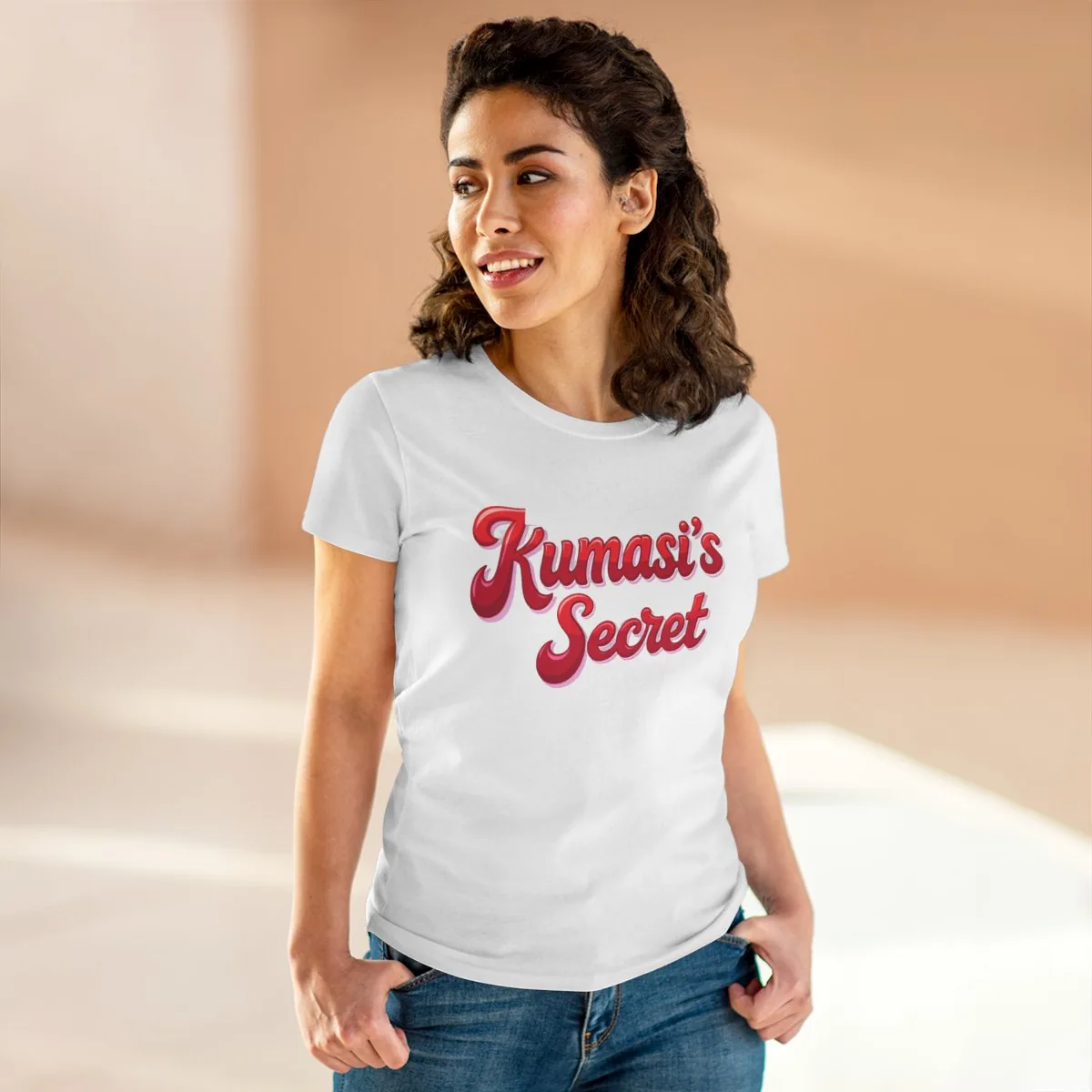Model wearing the Kumasi's Secret script slogan tee
