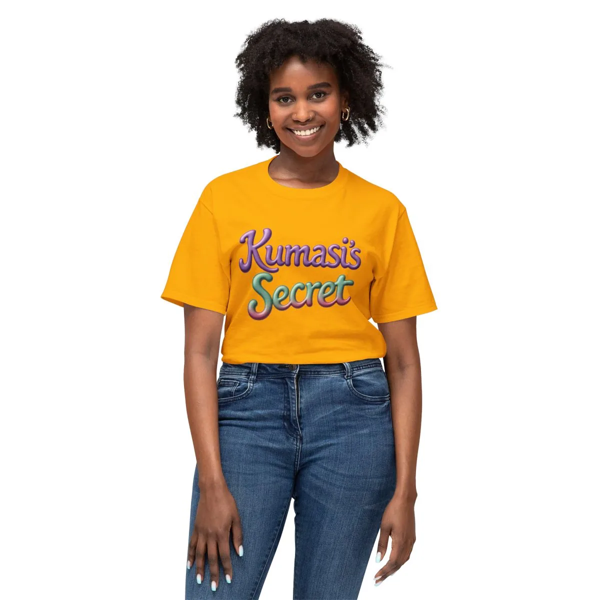 Model wearing the Kumasi's Secret orange tee