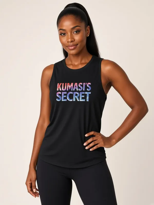 Model wearing the Kumasi's Secret black muscle tee, view 1