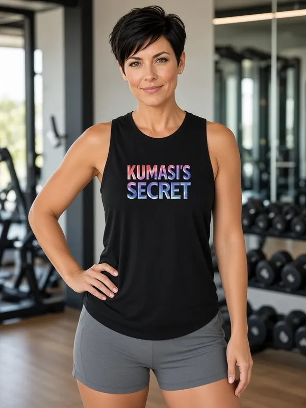 Model wearing the Kumasi's Secret black muscle tee, view 2
