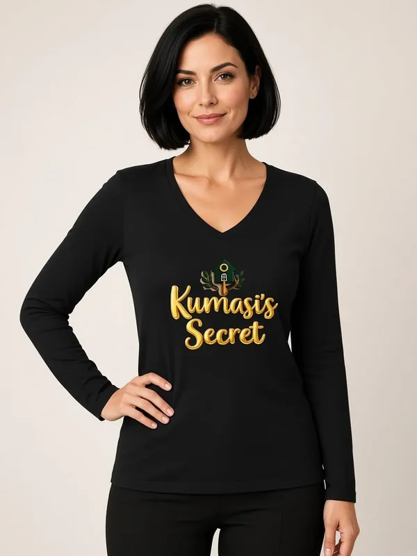 Model wearing the Kumasi's Secret black long-sleeve V-neck tee with gold script, view 1