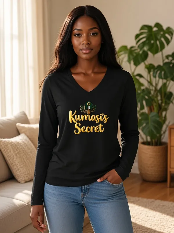 Model wearing the Kumasi's Secret black long-sleeve V-neck tee with gold script, view 2