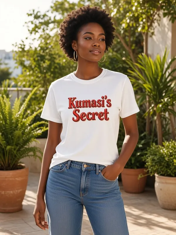 Model wearing the Kumasi's Secret white tee with red script, view 2