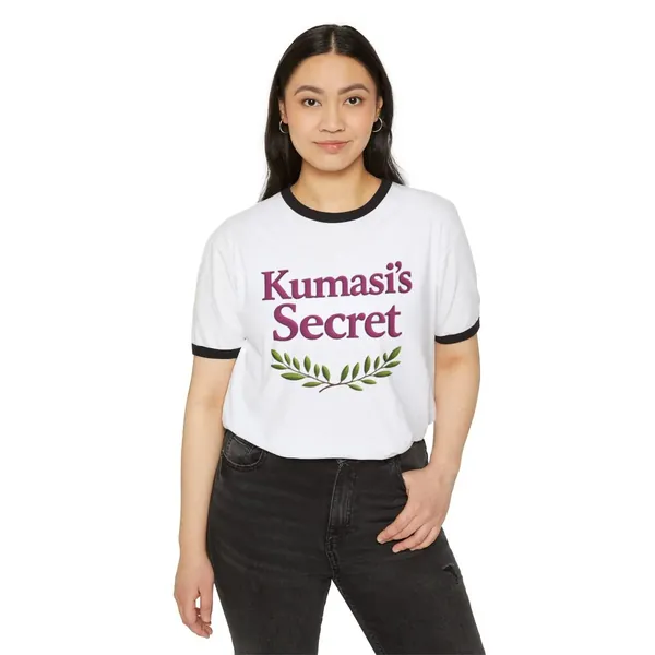 Model wearing the Kumasi's Secret ringer tee, view 1