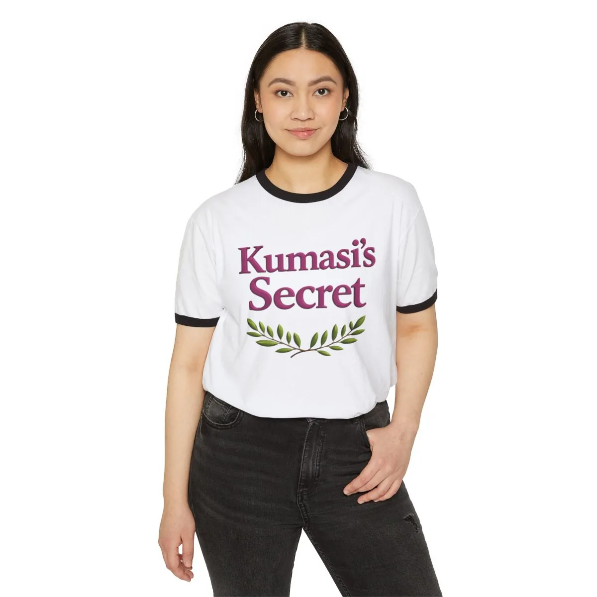 Ringer T-Shirt with Leaf Sprig Wordmark by Kumasi's Secret