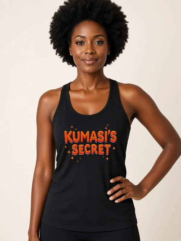 Model wearing the Kumasi's Secret black racerback tank with orange lettering, view 1
