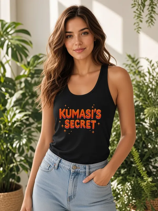Model wearing the Kumasi's Secret black racerback tank with orange lettering, view 2