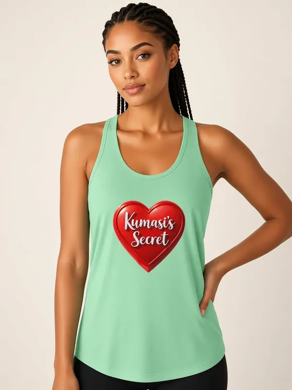 Model wearing the Kumasi's Secret mint racerback tank with red heart logo, view 1