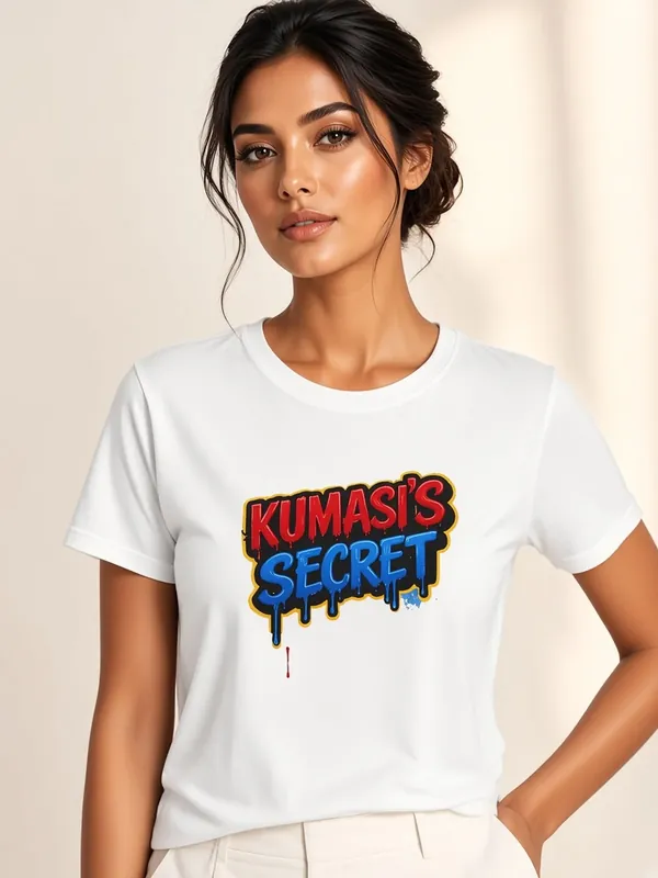 Model wearing the Kumasi's Secret white drip comic-text tee, view 1