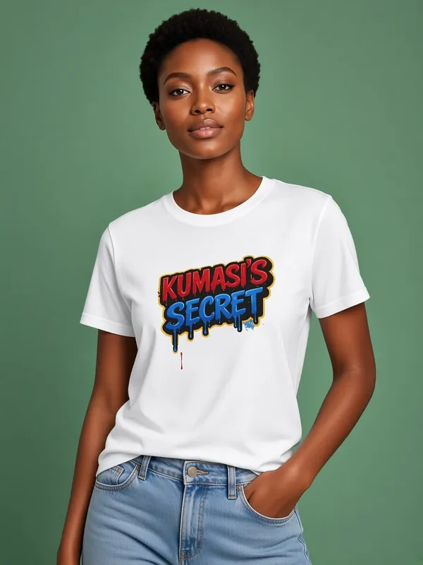 Model wearing the Kumasi's Secret white drip comic-text tee, view 2
