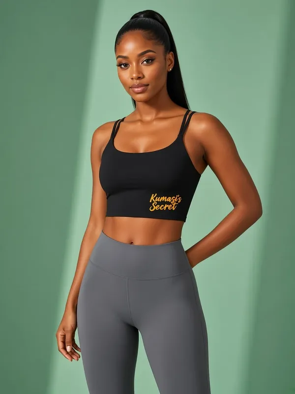 Model wearing the Kumasi's Secret black strappy crop bra with yellow script logo, view 1