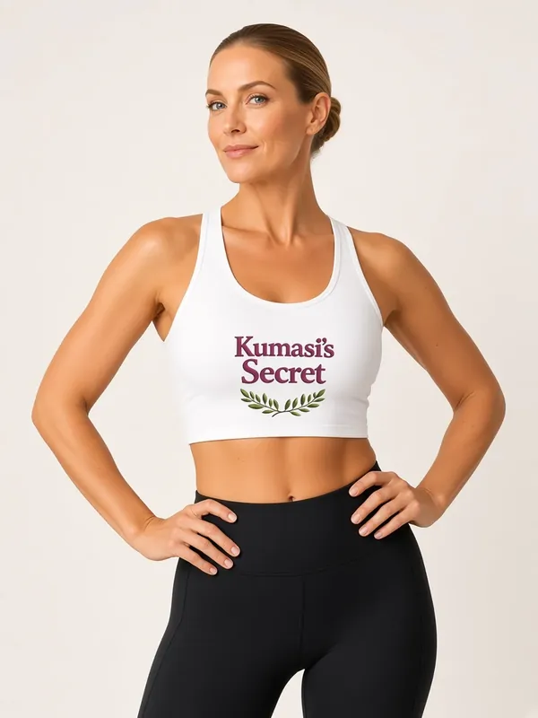 Model wearing the Kumasi's Secret white botanical-logo sports bra, view 1