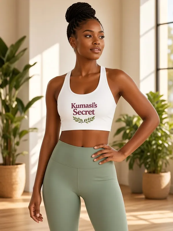 Model wearing the Kumasi's Secret white botanical-logo sports bra, view 2
