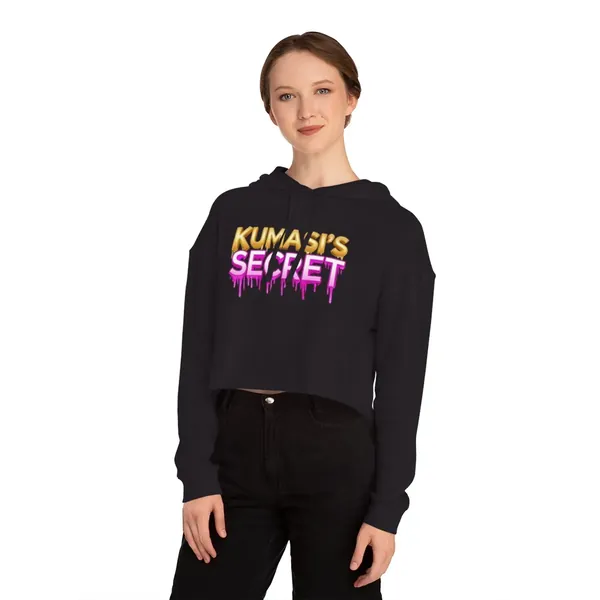 Model wearing the Kumasi's Secret drip text cropped hoodie, view 1