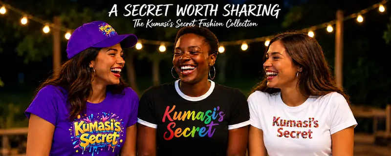Three women laughing together beneath string lights in Kumasi’s Secret apparel